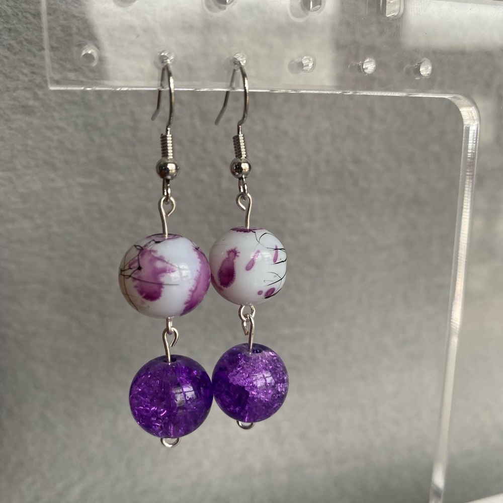 Hand crafted white purple and‎ dark pink long dangle earrings